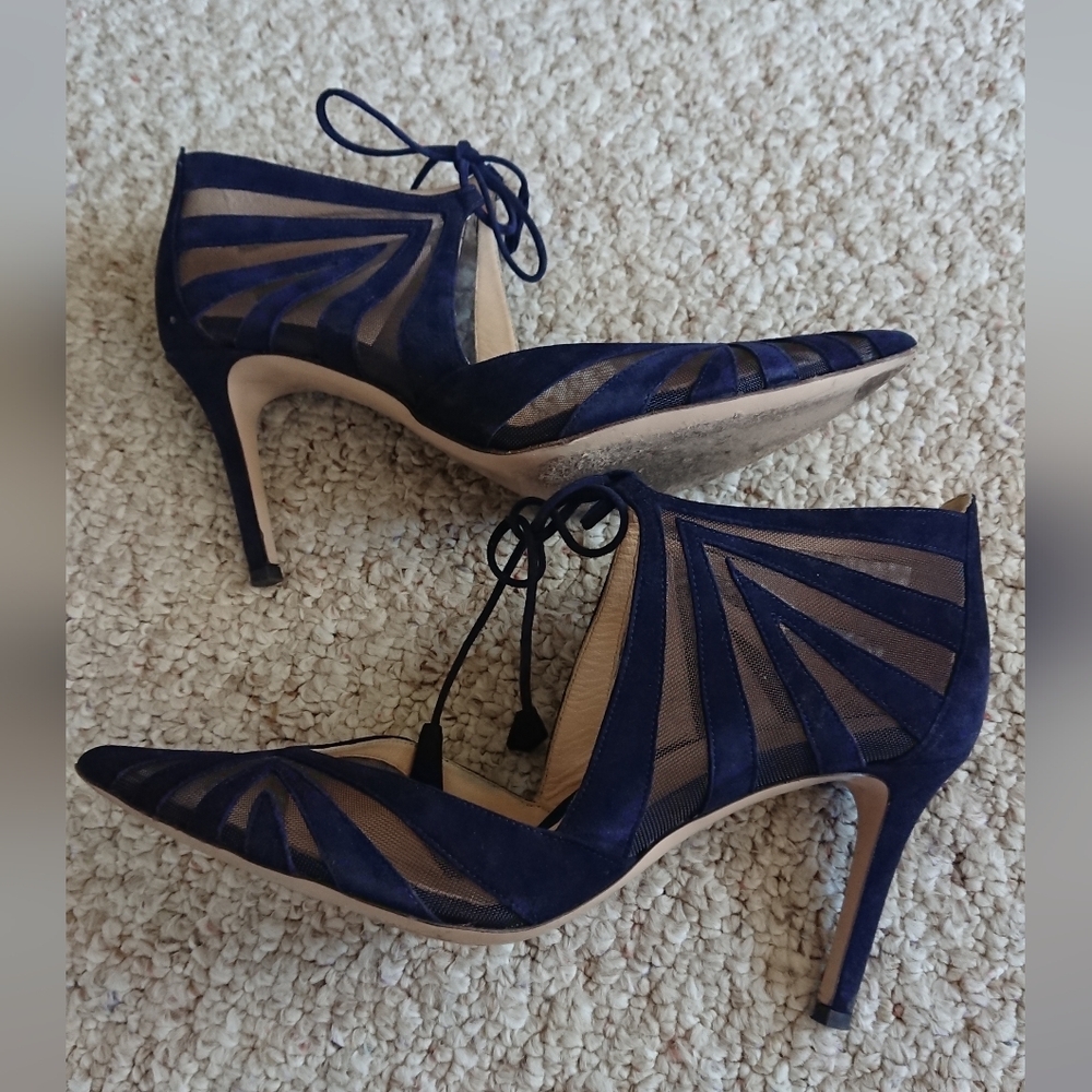 Marion Parke Lita navy blue suede and mesh tie closure heels size 7